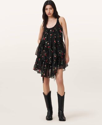 AllSaints Polyester Rach Floral Print Mini Dress, Size: UK 14/US 10