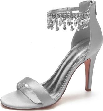 Generic Wedding Bridal Shoes Heels Women Bridal Ankle Strap Heels Open Toe Stiletto High Heeled Sandals for Prom, Party, Daily 10.5Cm,Silver,10 UK