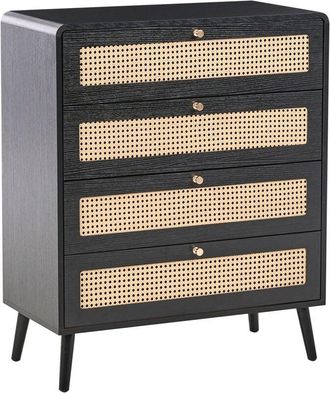 Beliani Cómoda MDF 4 cajones patas de madera tiradores dorados estilo boho ratán sintético negro Moura