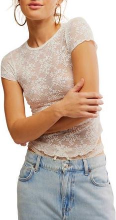 Free People Ready to Go Lace T-Shirt in Ivory at Nordstrom Rack, Size X-Small