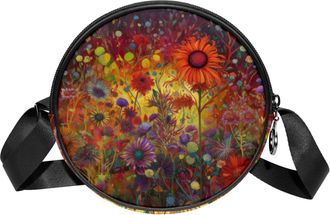 Generic Circle Crossbody Bag for Women, Flowers Small Sling Bag Daypack with Zipper Adjustable Shoulder Straps Casual Ladies Girls Round Purse