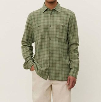 Les Deux John Check Long Sleeve Shirt In Olive Night
