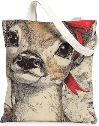 Generic Vintage Deer Canvas Tote Bags, Artistic Animal Design Reusable Grocery Bags, Seasonal Lightweight Washable Shoulder Strap C, Beige, 13x15 Inch
