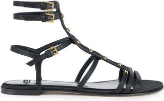 Elisabetta Franchi Schoenen, Dames, Zwart, 37 EU, Leer, Platte Sandalen met Haakjes