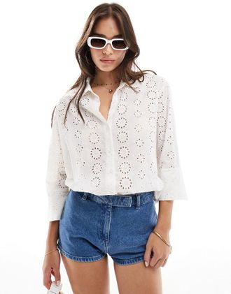 Jacqueline de Yong pointelle 3/4 sleeve shirt in off white