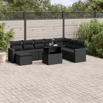 vidaXL Set De Sof&aacute;s De Jard&iacute;n 8 Piezas Y Cojines Rat&aacute;n Sint&eacute;tico Negro Vidaxl