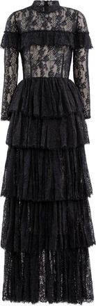 Saiid Kobeisy Intricate Black Lace Maxi Dress with Layered Skirt