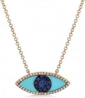 Allurez Turquoise & Blue Sapphire & Diamond Evil Eye Pendant Necklace 14k Rose Gold (0.74ct)