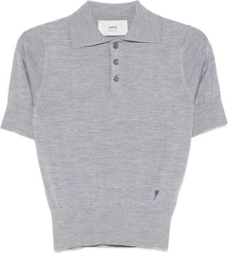 Ami Grey Ami De Coeur Fine-Knit Wool-Silk Polo Shirt