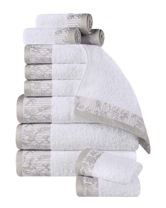 Superior Wisteria Cotton 12Pc Assorted Towel Set With Floral Bohemian Embroidered Jacquard Border