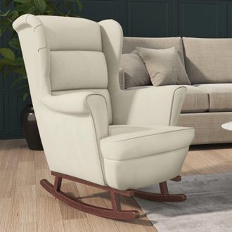 vidaXL Mecedora Con Respaldo Alto De Terciopelo Crema Y Madera Maciza Vidaxl