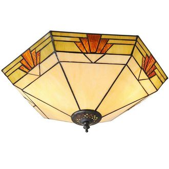 Loops Tiffany Glass Semi Flush Ceiling Light Cream & Red Inverted Hex Shade i00058 in Clear