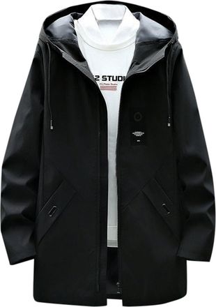 Generic 2025 Trench Coat Slim Fit Zipper Closure Windbreaker Lapel Long Jacket Casual Windproof Overcoat Mens Extra Long Coats (Black, XL)