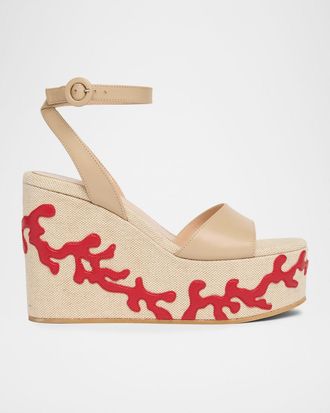 Gianvito Rossi 60mm Coral Leather and Canvas Wedge Sandals