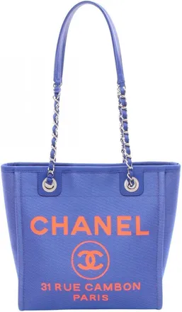 Chanel Blue Red Color Canvas Leather Handbag Tote Bag (Pre-Owned)