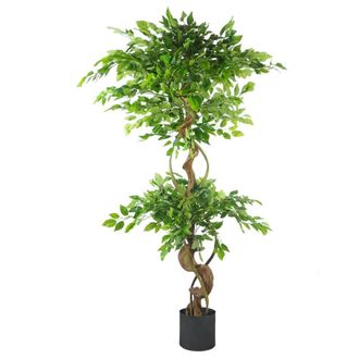 Leaf Japanese Fruticosa Ficus Tree Black Planter 150cm Twisted Trunk Artificial Botanik in Green