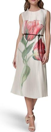 DKNY Floral Pleat Satin Midi Dress in Geranium Multi at Nordstrom, Size 16