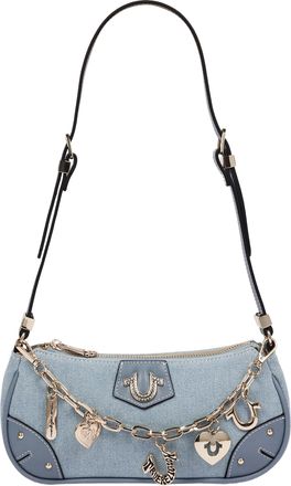 True Religion Horseshoe Chain Denim Shoulder Bag - Charm Detail Zip Top Purse with Adjustable Strap