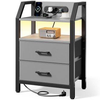 OEM Mesas De Noche Ecofurnix Con Led, Mesa De Noche Con Enchufes Y Puertos Usb, Mesa Auxiliar Con 2 Cajones De Tela-gris