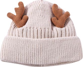 Generic Christmas Hat Autumn and Winter Knitted Hat Antlers Plus Velvet Warm Knitted Woolen Hat Winter Snow Hats Men (Beige, One Size)