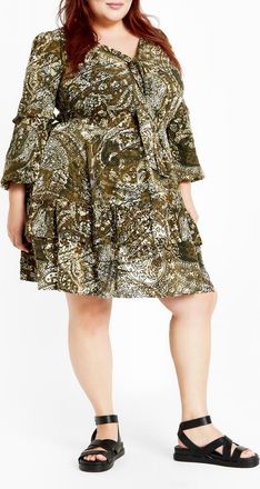 City Chic Raya Long Sleeve Paisley Dress at Nordstrom, Size Xxs