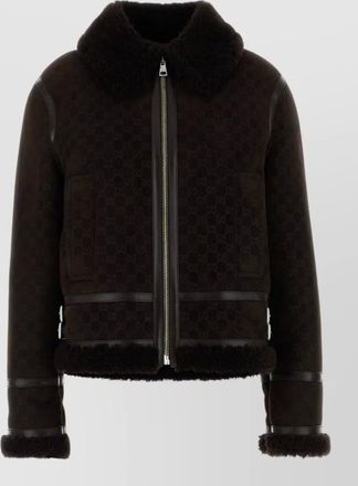 Gucci shearling collar leather trim jacket pockets