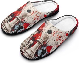 Generic Chess Paiting Mens Soft Cotton Slippers with Memory Foam Anti-skid House Shoes for Travel Indoor Outdoor