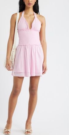 BP. Tie Back Halter Cotton Blend Minidress in Pink Sweet at Nordstrom, Size Xx-Small