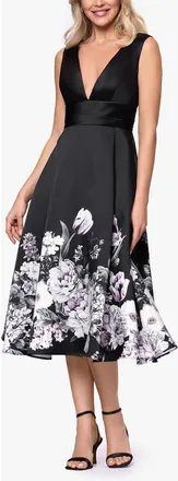 Betsy & Adam Floral Border Plunge Neck Cocktail Midi Dress in Black/Charcoal at Nordstrom, Size 10