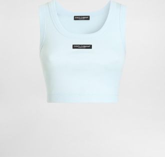 Dolce & Gabbana Cotton Cropped Tank Top With Logo - Woman Shirts And Tops Azure 46