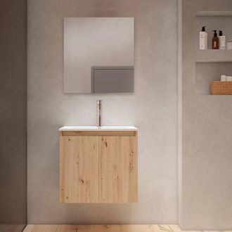 Adema Cadence Badkamermeubelset - 60x55x40cm - ondiep - 2 deuren - greeploos - wastafel - 1 kraangat - keramiek - met spiegel - rustiek eiken