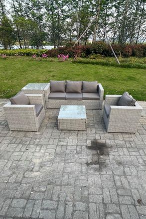 Fimous Light Grey Corner Rattan Garden Outdoor Sofa Set Chairs Sofa Side Table 5 Seater