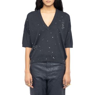 Zadig&Voltaire Wully Lico Embellished Linen Blend V-Neck Sweater in Stone at Nordstrom, Size X-Small Regular