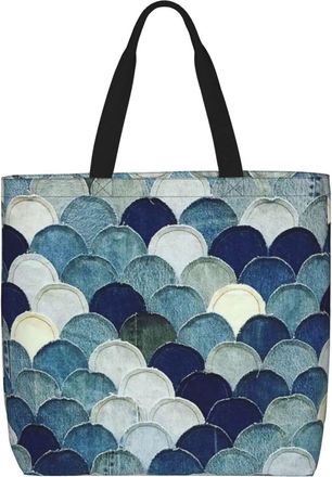 Generic Women Handbag Jeans Denim Patchwork Style Waves Pattern Handbag Girls Folding Shopping Bags, For Graduation, Daily, Wedding, Swim, School