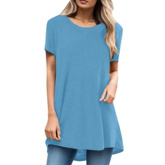 Generic T Shirts Women Tops Summer Short Sleeve Women Fashion Plus Size Round Neck Short Sleeved Long T Shirt Blouse Thick Long Sleeve (Blue XXXL)