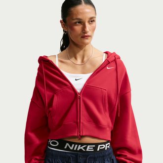 Nike Womens Studio Fleece Medium Weight Oversized Full-Zip Cropped Hoodie in Red | IM8499-608