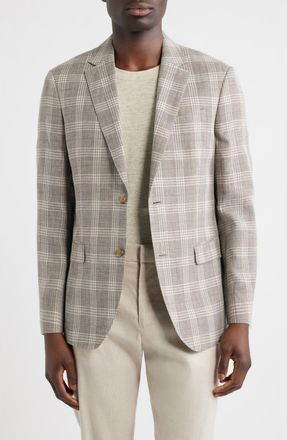 Nordstrom Henrik Trim Fit Plaid Slub Linen & Cotton Blend Sport Coat in Tan Enzo Plaid at Nordstrom, Size 50