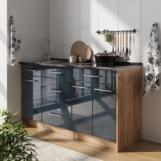 Vicco Bloque De Cocina Fame-line, Azul Oscuro Alto Brillo, 150 Cm, Et Antracita, Vicco