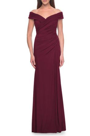 La Femme Off the Shoulder Jersey Evening Gown with Ruching in Dark Wine at Nordstrom, Size 12