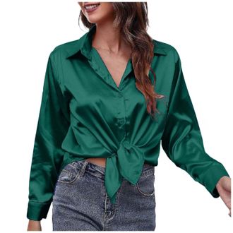 Generic Womens Satin Blouse Silk Shirt Long Sleeve Button Down Casual Work Shirt Loose Fit Tops Elegant Longline Blouse Formal Business Shirts Classic Plain S
