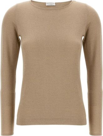 Brunello Cucinelli Sparkling Kasjmier-Zijde Trui - Dames - Cashmere truien - Geel - L - Kasjmier - Truien & Vesten