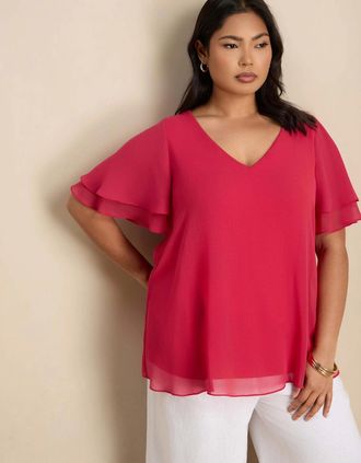 Live Unlimited London Womens Pink V-Neck Chiffon Flutter Sleeve Overlay Top - Size: 28