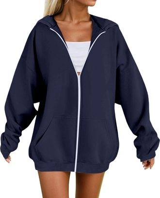 Generic Hoodies for Women UK Oversized Zip Up Hoodie Women Casual Solid Color Sweatshirts with Pockets Loose Long Sleeve Comfy Pullover Fall Winter Womens Jac