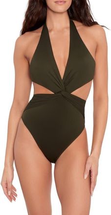 Lauren Ralph Lauren Cutout Twist One-Piece Halter Swimsuit in Olive at Nordstrom, Size 12