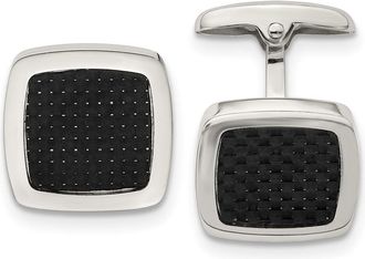 Diamond2Deal Stainless Steel Polished Black Carbon Fiber Inlay Rounded Square Cufflinks