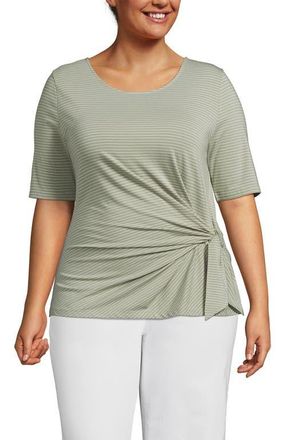 Lands End Lightweight Jersey Tie Front Top in Sage Thin Stripe at Nordstrom, Size 1X