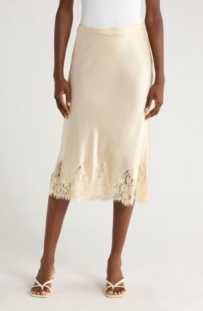 Reformation Carolina Lace Trim Silk Midi Skirt in Almond at Nordstrom, Size X-Small