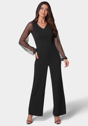 Bebe WomenS V-Neck Jumpsuit With Powermesh Sleeve