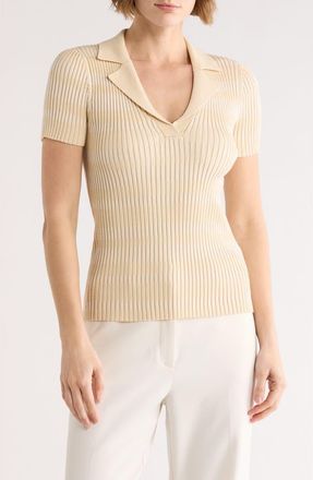 Elie Tahari Stripe Notch Collar Rib Sweater in Sand/Ivory Stripe at Nordstrom Rack, Size X-Small