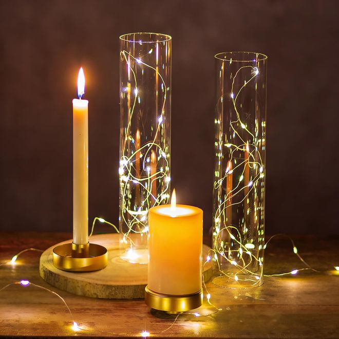 Nuptio Kerzenständer Gold Kerzenhalter Stabkerzen: 30cm Glaszylinder für Kerzen Satz von 2 Klarglas Metall Stabkerzenhalter Groß Bodenlosen Zylinder Schatten ab 18,88 €